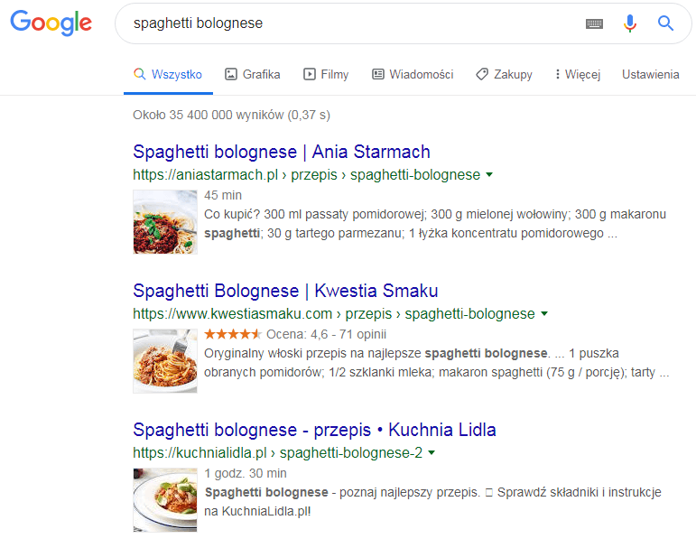 Wyniki wyszukiwania Google