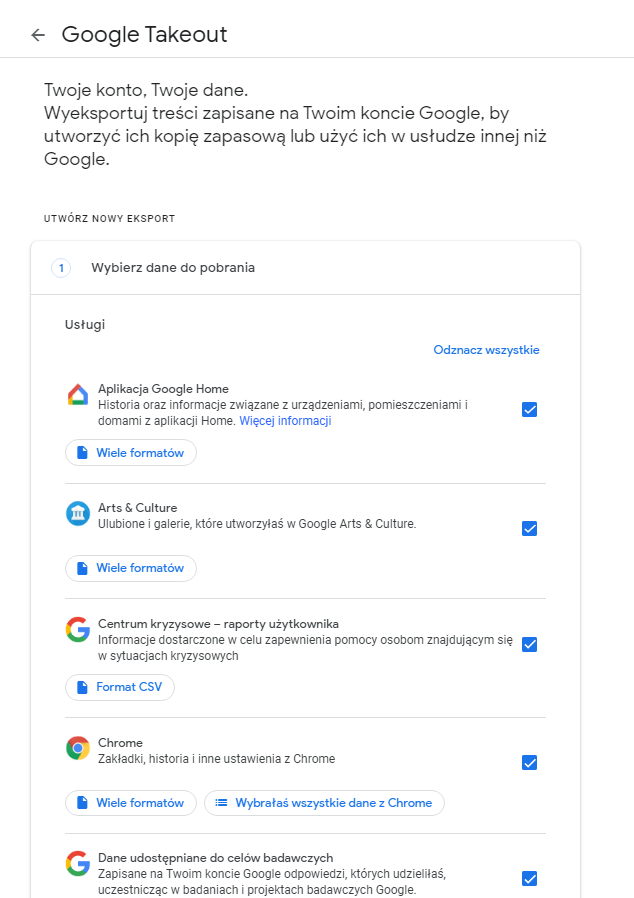 Pobieranie historii Google